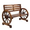 Rustic 2-Person Wooden Wagon Wheel Bench with Slatted Seat and Backrest, Brown