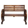 Rustic 2-Person Wooden Wagon Wheel Bench with Slatted Seat and Backrest, Brown