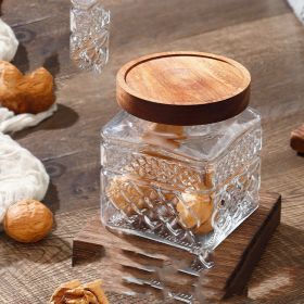 Glass Storage Jar Snack Tea Household Sealed Bottles (Option: Square 600ml wood lid)