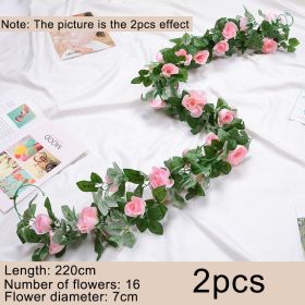 2pcs Fake Rose Vine Flowers Garland Plant Artificial Flower Wall Hanging Flower Rattan Fake Plant Leaf Wedding Home Garden Decor (Color: Pink, Ships From: CN)