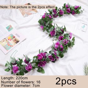 2pcs Fake Rose Vine Flowers Garland Plant Artificial Flower Wall Hanging Flower Rattan Fake Plant Leaf Wedding Home Garden Decor (Color: Purple, Ships From: CN)