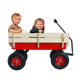 Outdoor Wagon All Terrain Pulling w/Wood Railing Air Tires Children Kid Garden (Color: Red)