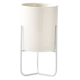 Gold-plated Iron Vase Simple Iron Frame Ceramic Flower Pot (Option: White Frame High Basin-No Hole)